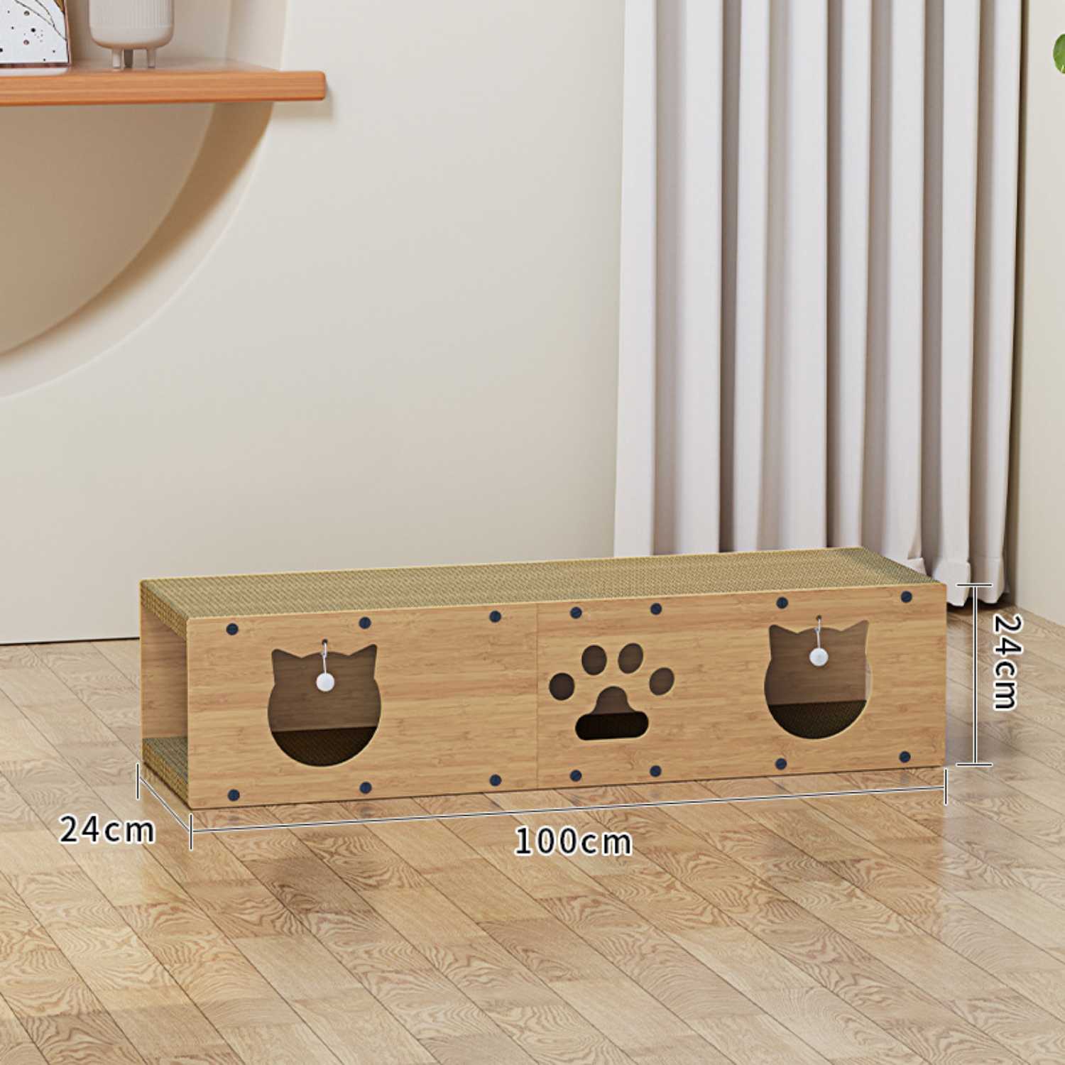 kattentunnel krabplank hout met afmetingen 24x100x24cm